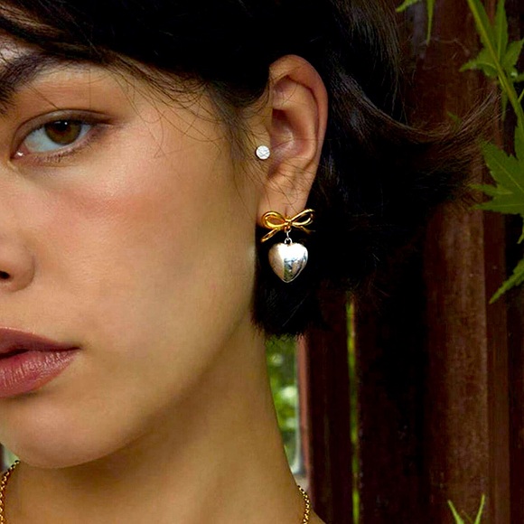 Set of 2 💛 Two-tone Bow Heart Earring Chain Link Bracelet Dual Tone Plated Steel - Picture 3 of 10